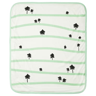 GRÖNFINK baby blanket - light green, cotton, square, with wavy lines and tree designs.