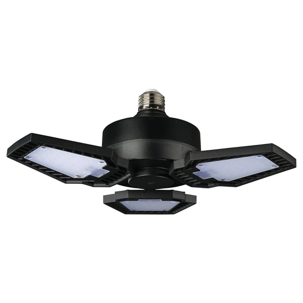 A black GRÖNSLICK led bulb with three adjustable panels, perfect for garages or basements.