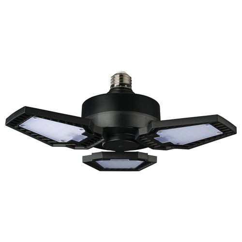A black GRÖNSLICK led bulb with three adjustable panels, perfect for garages or basements.