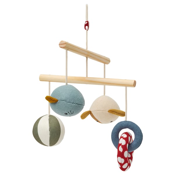 GULDVÄVARE baby mobile, soft round toys in colours, hangs from wooden rod.