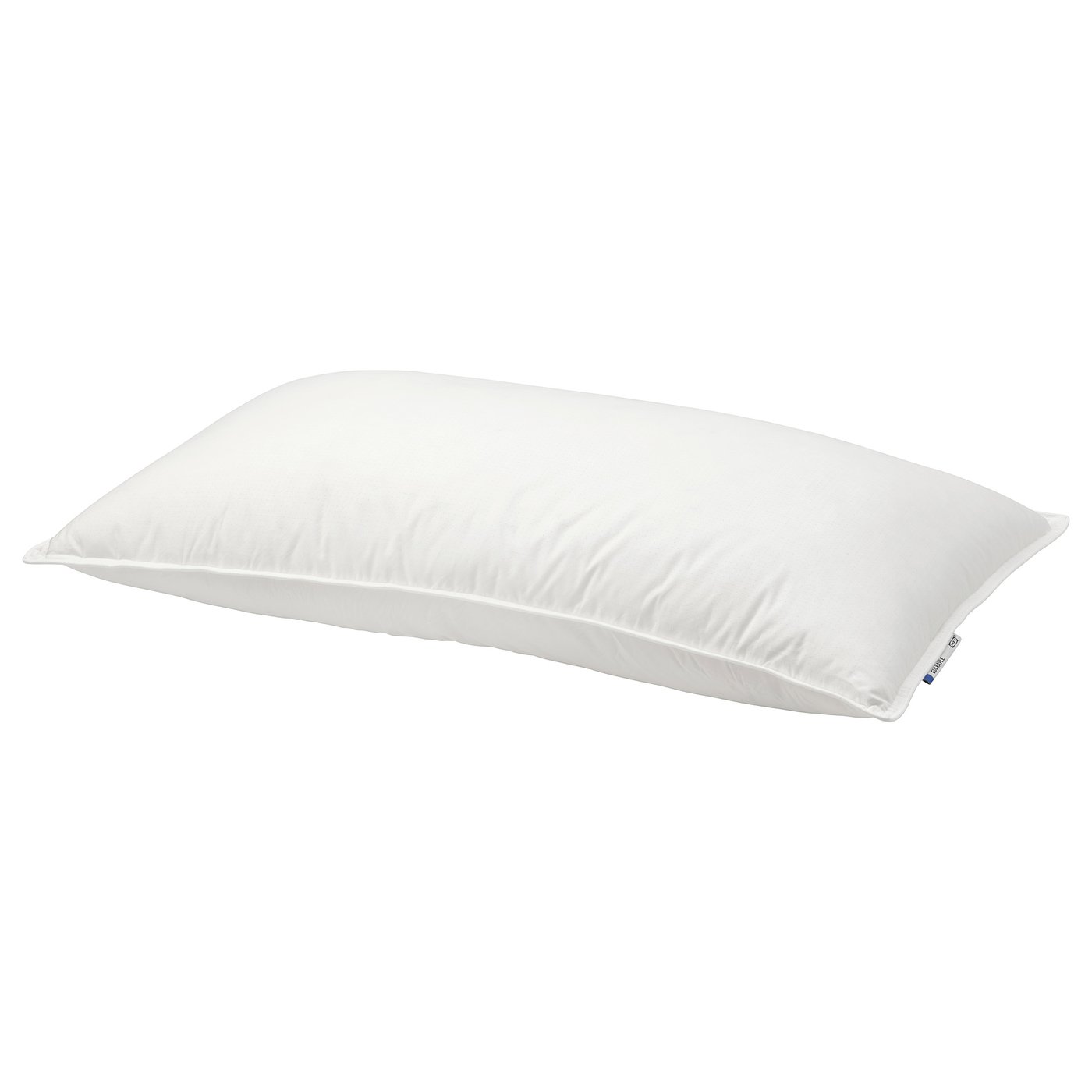 White pillow with feather and down filling, medium firmness.