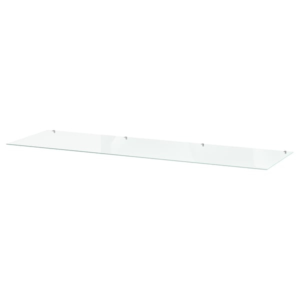 A clear glass shelf, rectangular in shape, with a modern and minimalist design, ideal for displaying items or organising spaces.