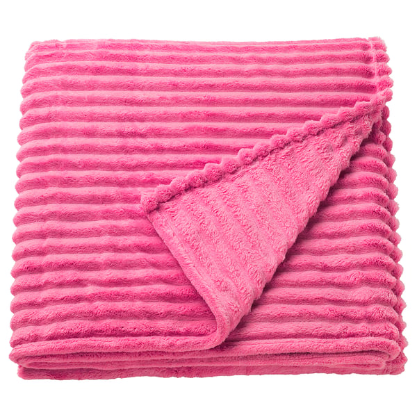 Bright pink GULLSTRÅLE blanket, soft with horizontal stripes, folded neatly.