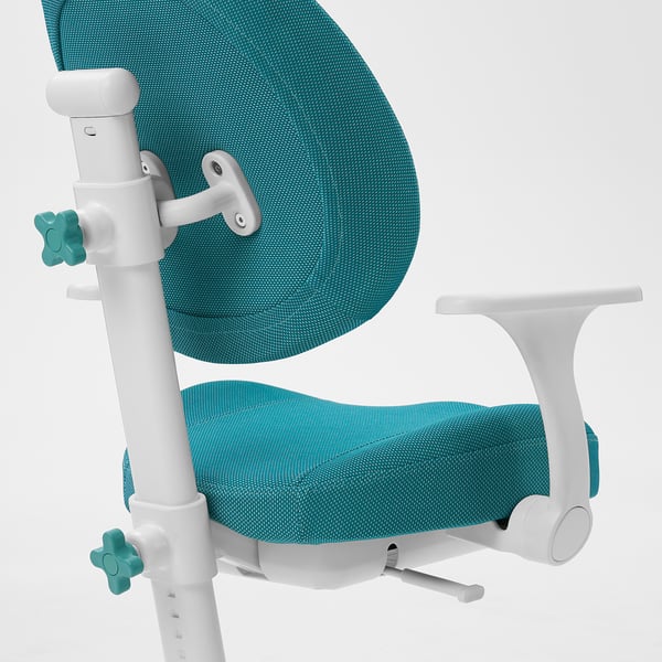 Ergonomic chair with adjustable backrest and armrests. White frame, teal cushioned seat and back. Star base, height scale visible.