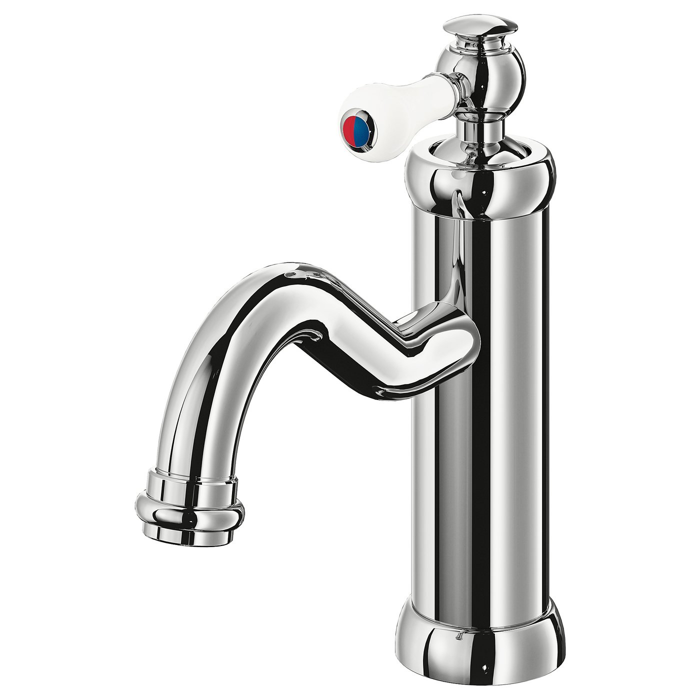 The HAMNSKÄR silver tap, made of brass, with a white ceramic handle. Its tall, cylindrical, with a curved spout.
