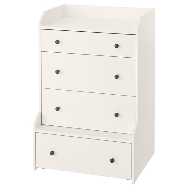 HAUGA 4-drawer chest, black knobs, fiberboard, clean design.