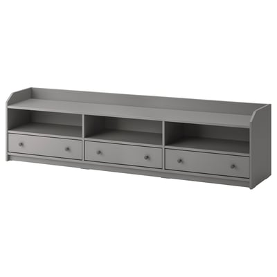 Grey HAUGA tv bench with 3 drawers, modern design, perfect storage.