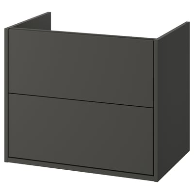 This image depicts a dark grey, wall-mounted bathroom cabinet with two drawers. It a sleek, modern design with no visible handles and a smooth finish.