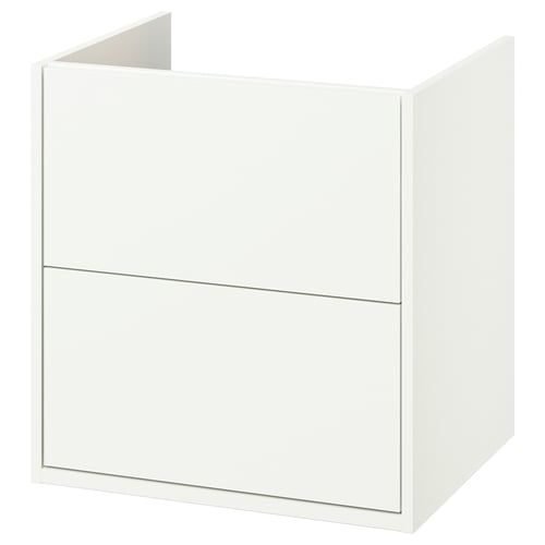 Havbaeck white bathroom cabinet with drawers, sleek design, wall-mount or leg-supported.