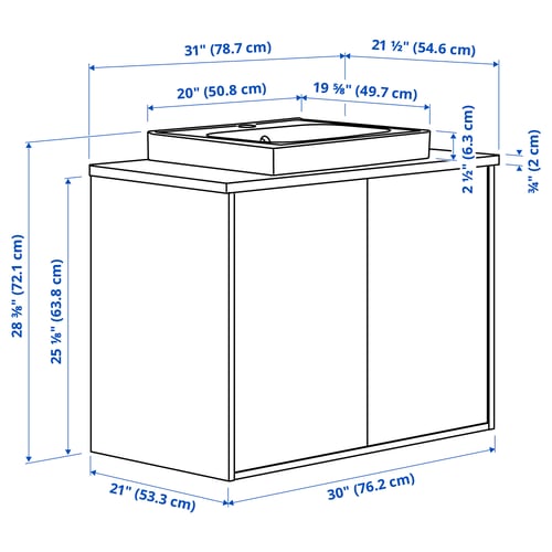 HAVBÄCK / ORRSJÖN Bathroom vanity with doors and sink, white/black marble effect, 31x21 1/2x28 3/8 "
