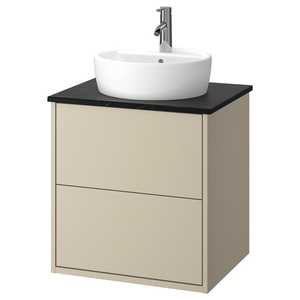 HAVBÄCK beige wall-mounted bathroom cabinet with round white sink and chrome tap.