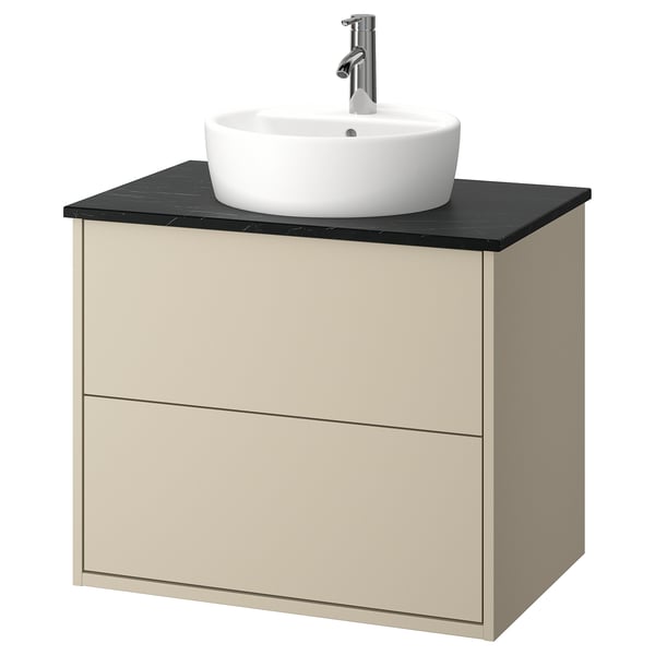 HAVBÄCK beige wall-mount vanity, round white basin, chrome tap.