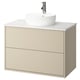 HAVBÄCK beige bathroom vanity. Round marble sink, chrome tap, wall-mounted drawers, modern design.