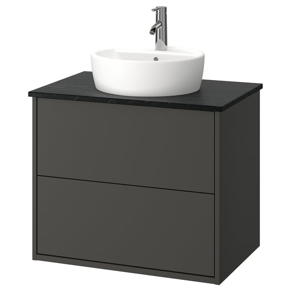 HAVBÄCK black wall-mounted sink cabinet with round white basin, modern minimalist design.