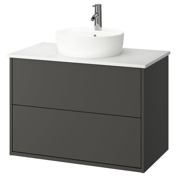 HAVBÄCK bathroom vanity, dark grey, marble top, round white basin, wall-mounted.