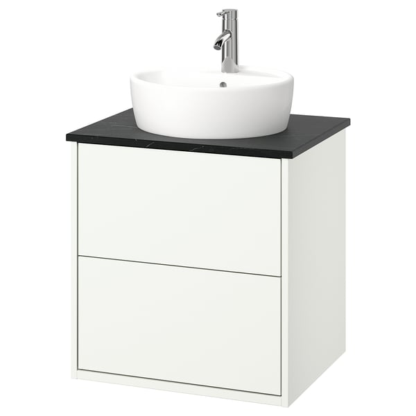HAVBÄCK white modern bathroom vanity with round ceramic sink, sleek design.