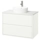 Modern white bathroom vanity with round basin & chrome tap.