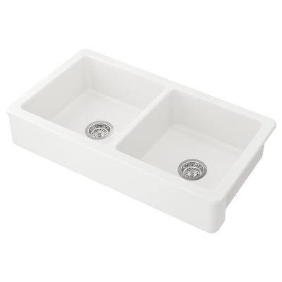 HAVSEN white ceramic kitchen sink, double basin, rounded corners, stainless drain covers.