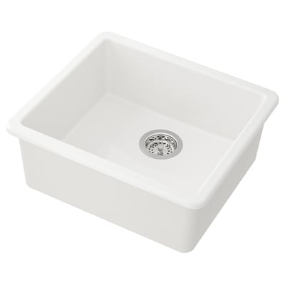 A white HAVSEN kitchen sink with a drain. It is rectangular, made of ceramics, and has a smooth, rounded design.