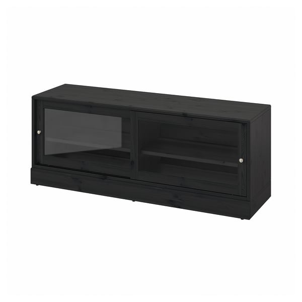 HAVSTA black wooden tv unit, sliding glass doors, solid pine & tempered glass.