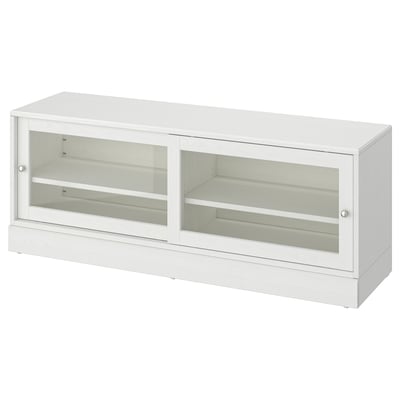 HAVSTA white tv stand, pine wood, sliding glass doors, rectangular shape, rustic design.