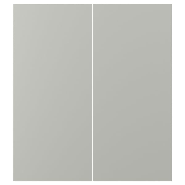 Two light grey kitchen cabinet doors. The doors are rectangular, smooth, and lacquered with a clean, modern design.