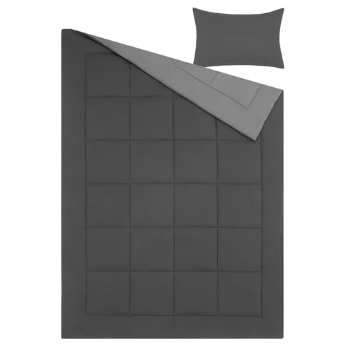 Dark grey HEDFRYLE bedding set - comforter with quilted squares, matching pillow sham.