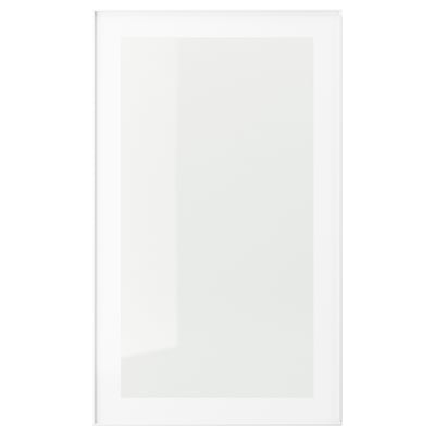 White HEJSTA glass cabinet door. Sleek, rectangular with integrated handle.