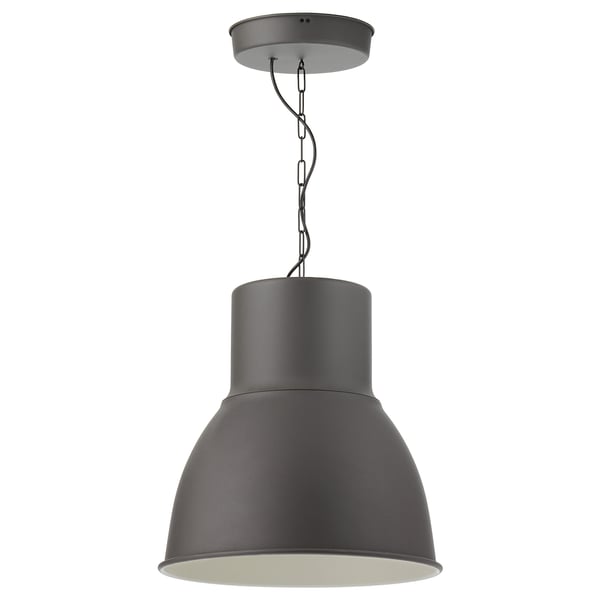 HEKTAR black alman pendant lamp. Cylindrical shade, metallic finish, industrial design. Hangs by chain.