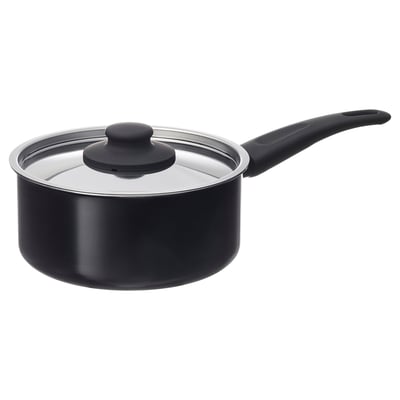 HEMLAGAD black saucepan with glass lid and silicone handle.