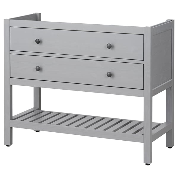 HEMNES grey wooden dresser, two drawers, open shelf, simple modern design.