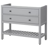 HEMNES grey wooden dresser, two drawers, open shelf, simple modern design.