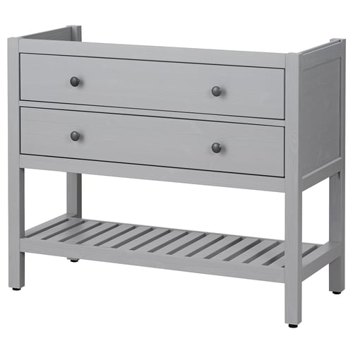 HEMNES grey wooden dresser, two drawers, open shelf, simple modern design.