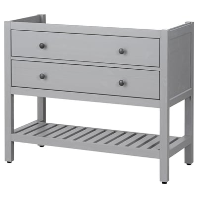 HEMNES grey wooden dresser, two drawers, open shelf, simple modern design.