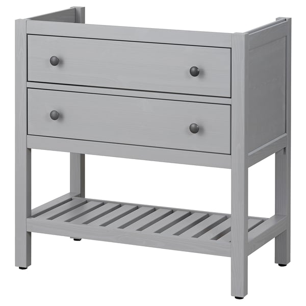 Grey HEMNES 3-drawer dresser with open shelf.