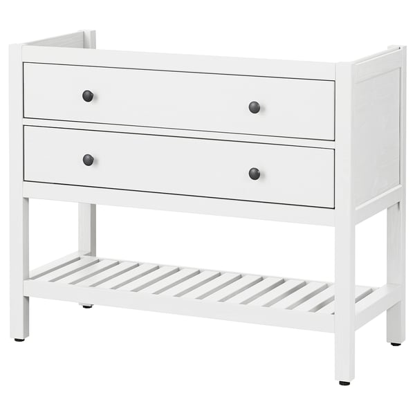 A white HEMNES wooden storage unit with two drawers and one open shelf, featuring smooth and durable craftsmanship.