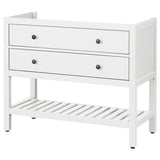 A white HEMNES wooden storage unit with two drawers and one open shelf, featuring smooth and durable craftsmanship.
