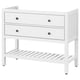 A white HEMNES wooden storage unit with two drawers and one open shelf, featuring smooth and durable craftsmanship.