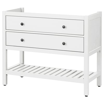 A white HEMNES wooden storage unit with two drawers and one open shelf, featuring smooth and durable craftsmanship.