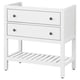 A white HEMNES dresser, featuring two drawers with black knobs and an open shelf, crafted from pine wood.