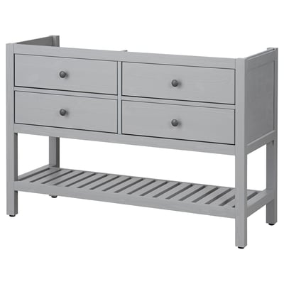 Grey wooden HEMNES dresser with four drawers featuring smooth-closing mechanisms and an open shelf below, offering ample storage.