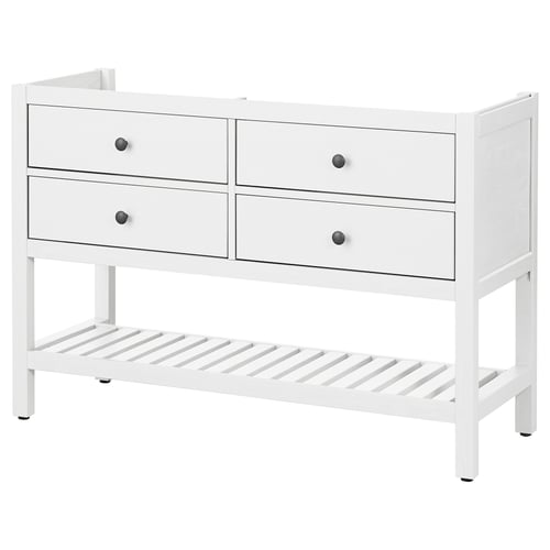 A white HEMNES wooden dresser with four drawers and an open shelf at the bottom.