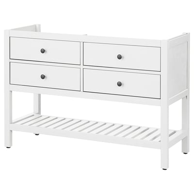 A white HEMNES wooden dresser with four drawers and an open shelf at the bottom.