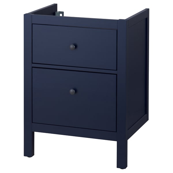 Dark blue HEMNES bathroom cabinet, solid pine, two drawers with hidden knobs, sleek design.