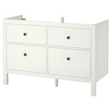 HEMNES white bathroom cabinet, four drawers with black knobs, rectangular shape.