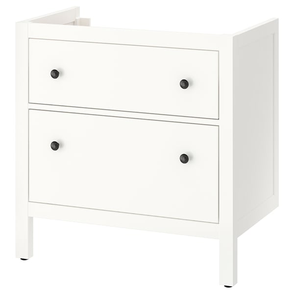 White HEMNES bathroom cabinet, two drawers with black knobs.