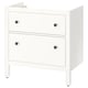 White HEMNES bathroom cabinet, two drawers with black knobs.