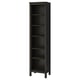 An ikea HEMNES tall, dark wooden bookshelf with multiple adjustable shelves.