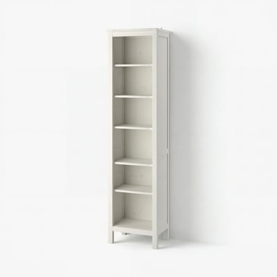 A tall, white HEMNES bookshelf. Made of solid pine, it has five adjustable shelves, standing on four legs. Its minimalist design suits various spaces.