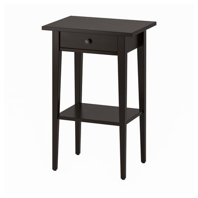 A dark brown HEMNES side table with a single drawer and a lower shelf, made of solid wood.